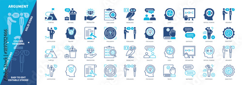Argument icon set. Knowledge, Justification, Persuasion, Philosophy, Statement, Sentences, Dialectic, Hypothesis. Duotone color solid and editable outline icons