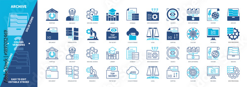 Archive icon set. Document, Cloud Storage, Data Gathering, Records, Heritage, Research, Library, Organization. Duotone color solid and editable outline icons