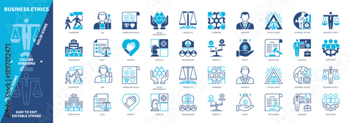 Business Ethics icon set. Corporation, Morality, Employees, Principles, Ethical Issues, Regulation, Manager, Strategy. Duotone color solid and editable outline icons