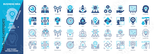 Business Idea icon set. Brainstorm, Product Development, Startup, Opportunity, Market Research, Vision, Designing, Success. Duotone color solid and editable outline icons