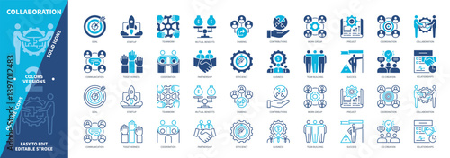 Collaboration icon set. Goal, Sharing, Mutual Benefits, Team, Co-Creation, Contributions, Project, Result. Duotone color solid and editable outline icons