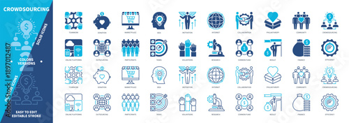 Crowdsourcing icon set. Participants, Fund, Online Platform, Marketplace, Internet, Collaboration, Tasks, Philanthropy. Duotone color solid and editable outline icons