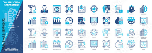 Construction Management icon set. Working Time, Labor, Project, Materials, Design, Budget, Real Estate, Industrial Facilities. Duotone color solid and editable outline icons