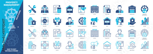 Property Management icon set. Real Estate, Office, Warehouse, Maintenance, Accounting, Rent, Assets, Marketing. Duotone color solid and editable outline icons
