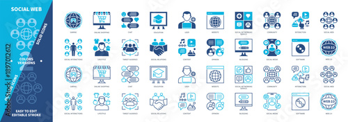 Social Web icon set. Interaction, Community, Mobile Apps, Content, Online Shopping, Website, Education, Gaming. Duotone color solid and editable outline icons