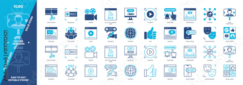 Vlog, Video Blog icon set. Impressions, Subscribe, Blogging, Playback, Like, Sharing, Followers, Feedback. Duotone color solid and editable outline icons