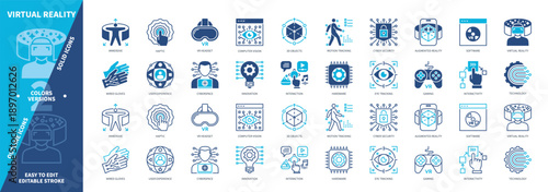 Virtual Reality icon set. Immersive, Haptic, Technology, Wired Gloves, Cyberspace, Gaming, Cybersecurity, Interactivity. Duotone color solid and editable outline icons