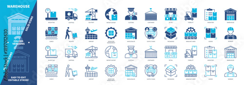 Warehouse icon set. Forklift, Wholesaler, Retail, Packaging, Logistics, Shipping, Inventory, Goods. Duotone color solid and editable outline icons