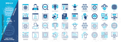 Web 2.0 icon set. Cybersecurity, SEO, Usability, Marketing, Sharing, Design, Social Media, Virtual Community. Duotone color solid and editable outline icons