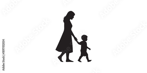 Mother and young child walking hand in hand silhouette, simple flat vector, emotional family moment, black and white, no background, isolated, stock-ready silhouette ,happy mothers day,parents holding