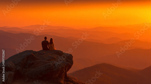 Two people sitting on a rock overlooking a sunset over mountains.