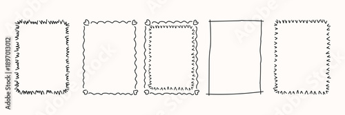 Hand drawn doodle rectangular frames set with wavy lines and heart shapes for creative journaling scrapbook borders and photo decorations isolated on background