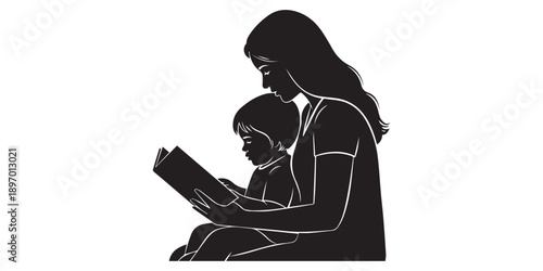 Silhouette of mother reading book to child, family bonding outdoors, parenting love, education concept, peaceful nature scene, childhood learning,Mother reading a book to her child silhouette, happy 