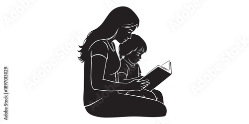 Silhouette of mother reading book to child, family bonding outdoors, parenting love, education concept, peaceful nature scene, childhood learning,Mother reading a book to her child silhouette, happy 