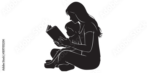 Silhouette of mother reading book to child, family bonding outdoors, parenting love, education concept, peaceful nature scene, childhood learning,Mother reading a book to her child silhouette, happy 