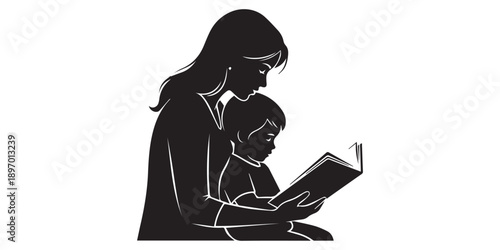 Silhouette of mother reading book to child, family bonding outdoors, parenting love, education concept, peaceful nature scene, childhood learning,Mother reading a book to her child silhouette, happy 