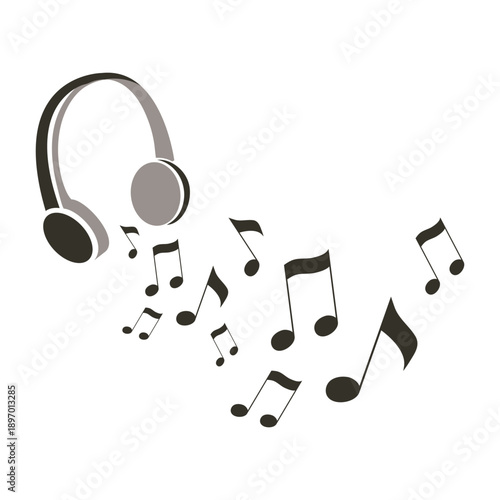 Musical Notes Flowing from Headphones - Let's Listen to Music - Design Concept, Icon, Illustration Isolated on White, Template in Vector Format - Ideal for Apps, Podcast Branding, Audio Streaming
