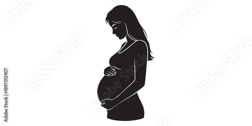 Pregnant woman silhouette touching belly, motherhood concept, elegant pose, flat vector illustration, black silhouette, minimal detail, isolated on white BG, Happy mothers day,pro