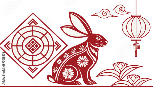 Celebrate Chinese New Year with this stunning red rabbit illustration, adorned with vibrant flowers and lanterns, perfect for adding a touch of cultural festivity to your designs