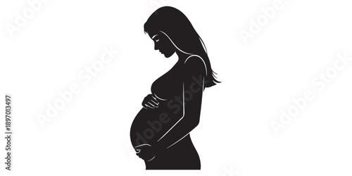 Pregnant woman silhouette touching belly, motherhood concept, elegant pose, flat vector illustration, black silhouette, minimal detail, isolated on white BG, Happy mothers day,pro