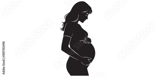 Pregnant woman silhouette touching belly, motherhood concept, elegant pose, flat vector illustration, black silhouette, minimal detail, isolated on white BG, Happy mothers day,pro