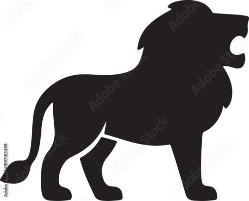 Silhouette of a roaring lion facing right on a black background. The image conveys strength and power with its bold, majestic stance