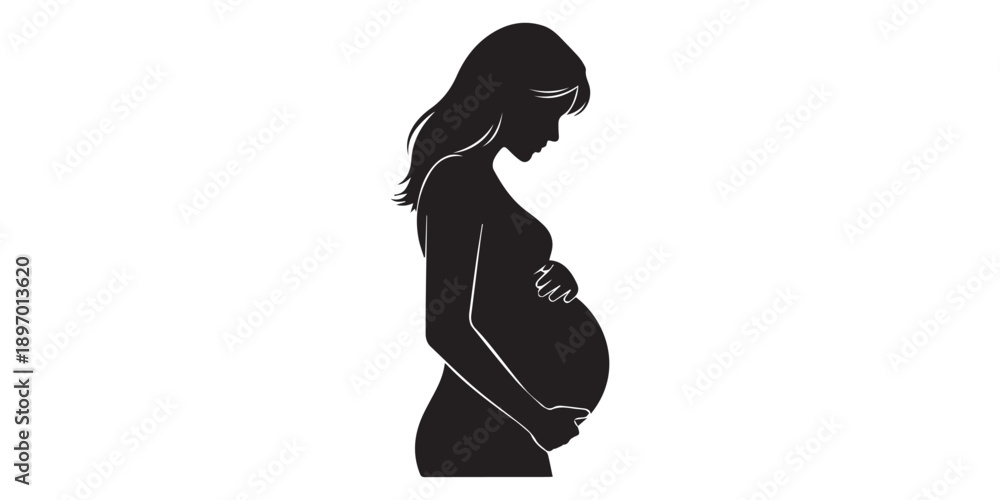 Fototapeta premium Pregnant woman silhouette touching belly, motherhood concept, elegant pose, flat vector illustration, black silhouette, minimal detail, isolated on white BG, Happy mothers day,pro