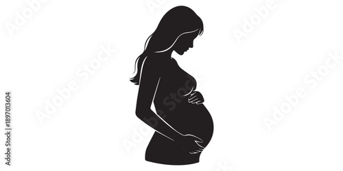 Pregnant woman silhouette touching belly, motherhood concept, elegant pose, flat vector illustration, black silhouette, minimal detail, isolated on white BG, Happy mothers day,pro