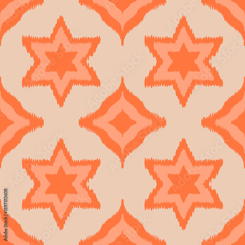 Seamless orange ikat pattern with tribal star and diamond motifs. Hand-drawn bohemian style for textile prints, home decor, and fashion backgrounds.