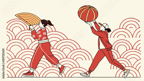 A vibrant illustration capturing the joy of two people playing sports together in red outfits, conveying a sense of fun, friendship, and energetic movement.