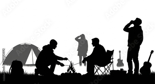 Campfire Gathering Silhouette People Enjoying Outdoor Leisure Activity.