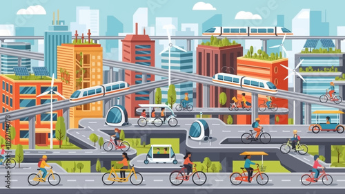 Futuristic Cityscape with Cyclists and Monorail.