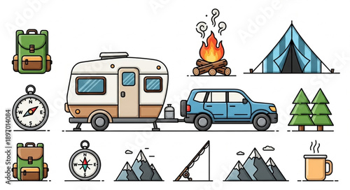 Camping Adventure Elements Collection with Car and Caravan.