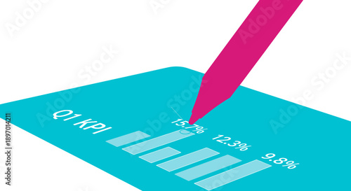 Digital Stylus Analyzing Q1 KPI Bar Chart on Tablet Screen. Business Performance Review and Data Visualization Illustration