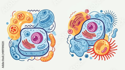 Detailed Illustration of Animal and Plant Cells with Organelles.