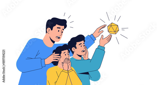 Group of People in Awe Discovering a Glowing Golden Icosahedron. Treasure Hunt, Achievement, and Eureka Moment Vector Illustration.