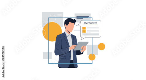 Executive Checking Financial Statements on Tablet. Digital Business Reporting, Data Analysis, and Corporate Finance Vector Illustration.