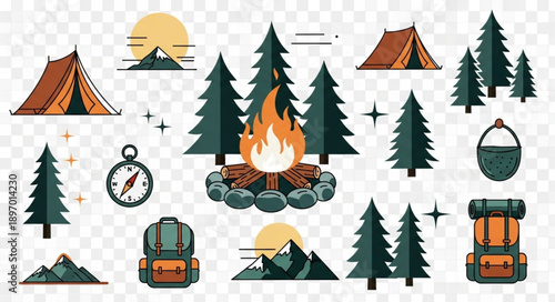 Camping Adventure Elements Collection with Tent Fire Backpack and Compass.