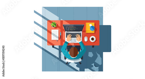 Developer Working on Laptop Coding at Desk. Top View Flat Design Illustration of Programmer Workspace and Digital Productivity.
