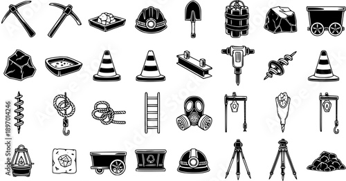 Mining Industry Tools and Equipment Black  White Glyph Icons Set - Vintage Monochrome Collection of Quarry and Excavation Related Symbols