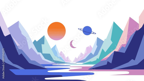 Digital Artistic Landscape with Celestial Bodies.