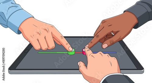 Diverse Team Hands Adjusting Digital Sliders on Tablet Screen. Collaborative Configuration and Parameter Setting Vector Illustration.