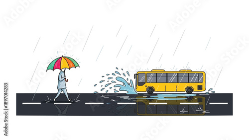 Rainy Day Dilemma: A person braves a downpour with an umbrella as a bus splashes through a puddle on a rain-soaked road.