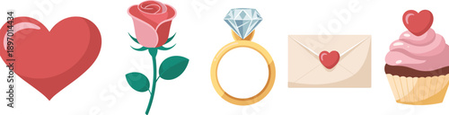 Romantic icons including heart, rose, diamond ring, love envelope, and cupcake with heart for Valentine’s Day, wedding, love letter, and celebration themes