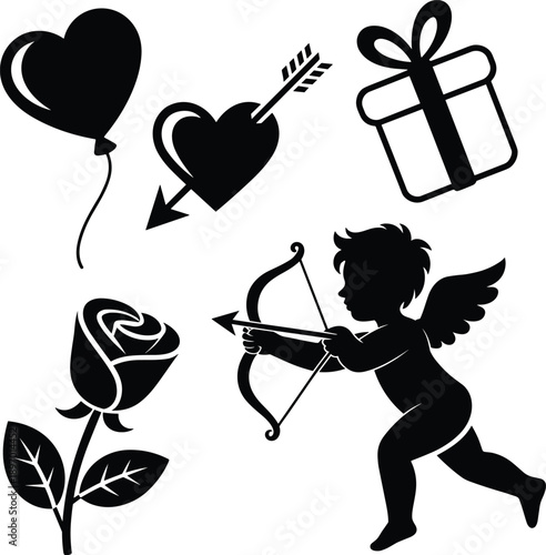 Romantic silhouette icons including cupid, rose, heart balloon, gift box, and arrowed heart for Valentine’s Day, love, wedding, and celebration themes