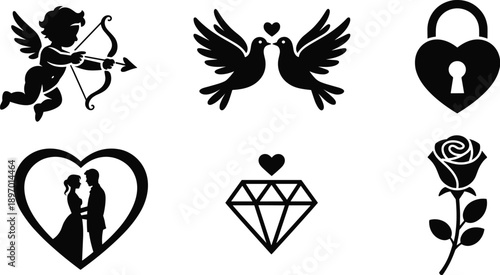 Romantic silhouette icon set with cupid, birds, padlock, couple, diamond, and rose—vector illustration for love, Valentine’s Day, wedding, and celebration design.
