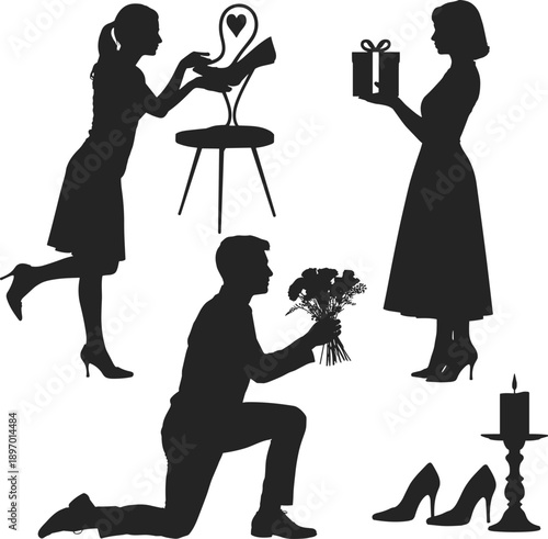 Romantic silhouette illustration with gift-giving gestures, love-themed vector art featuring couples, heart, candle, flowers, and high-heeled shoes for celebration design.