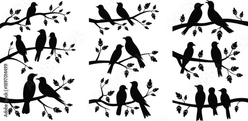 Silhouette birds on tree branches in natural poses, decorative vector set for nature, wildlife, seasonal, romantic, and minimalist design themes and illustrations