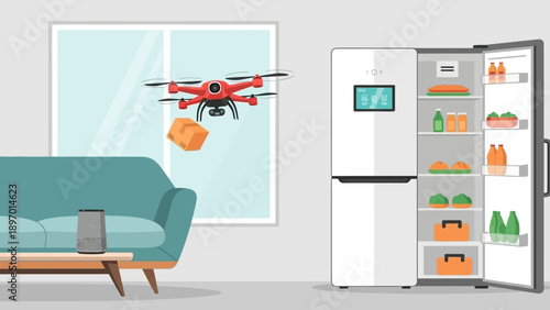Drone Delivering Food to Open Fridge.