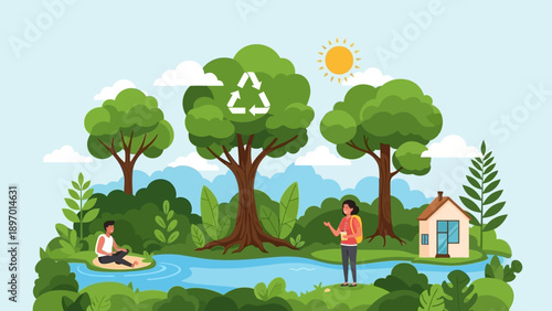 Eco Friendly Environment with Trees and People.